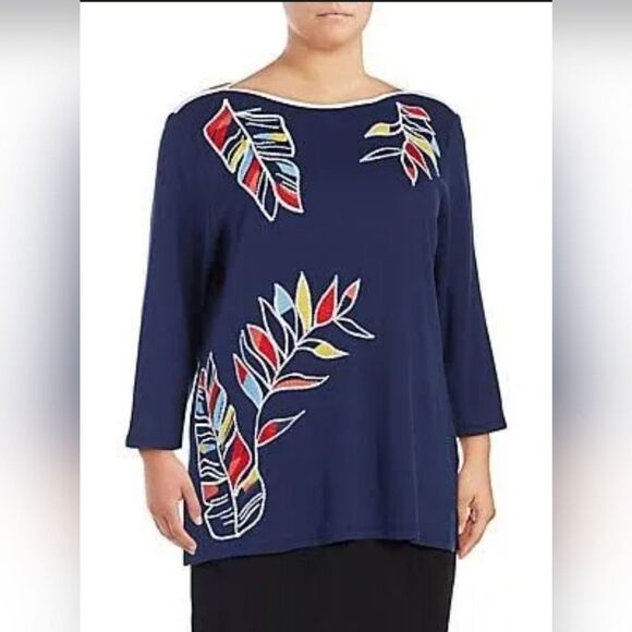Rafaella Mediterranean Blue Embroidered Tunic Style Long Sleeve Top - Picture 1 of 8